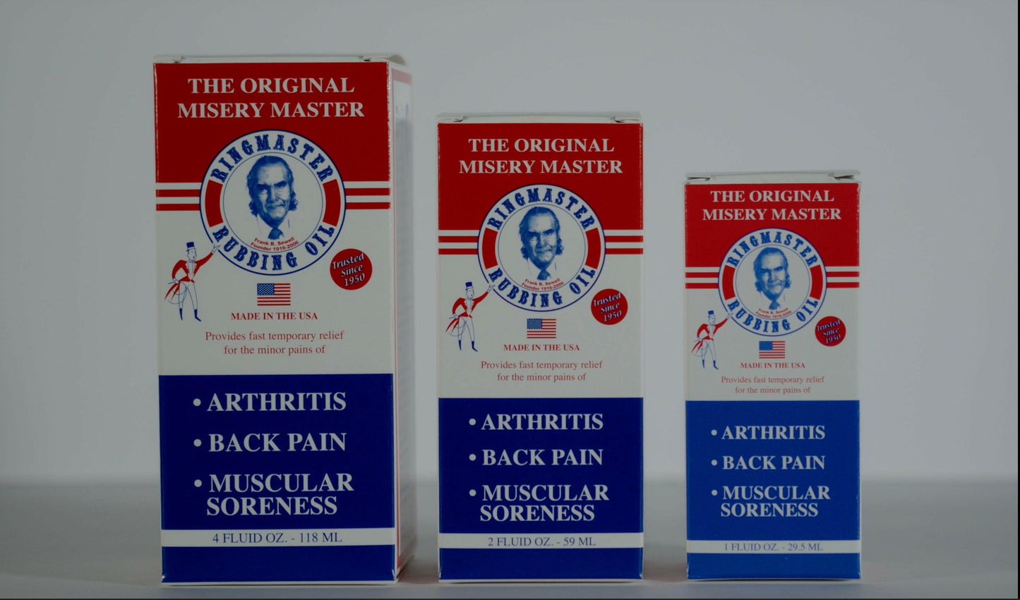 Ringmaster Rubbing Oil - 4oz, 2oz, and 1oz packaging